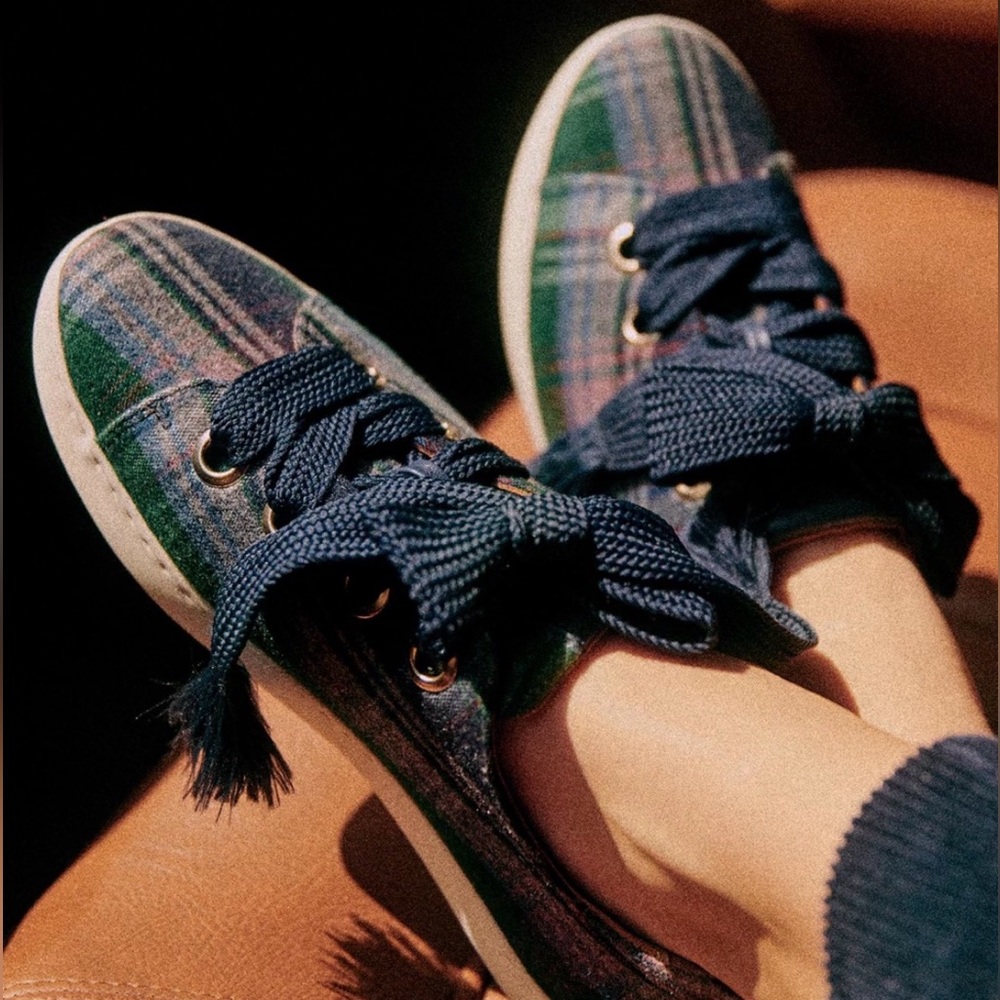 Rare NWT 🇫🇷 Sézane Plaid Tartan Navy Blue Green Jack Trainers Sneakers Shoes